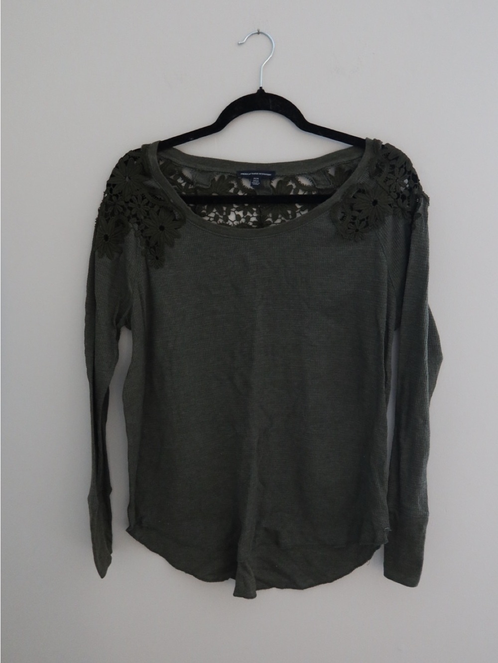 American Eagle Outfitters Olive Green Long-Sleeve Top with Lace Shoulders
